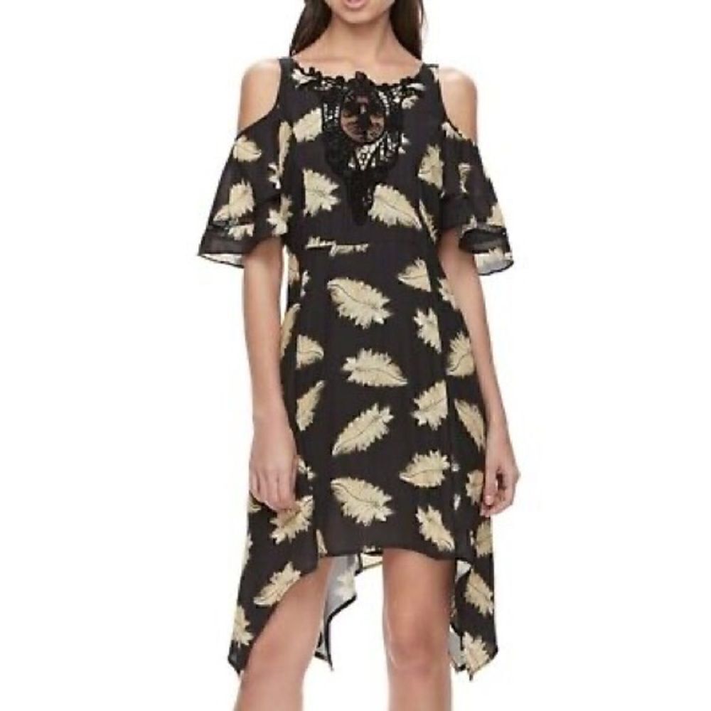 Disney Beauty and the Beast Large Black & Gold Feather Cold Shoulder Mini Dress